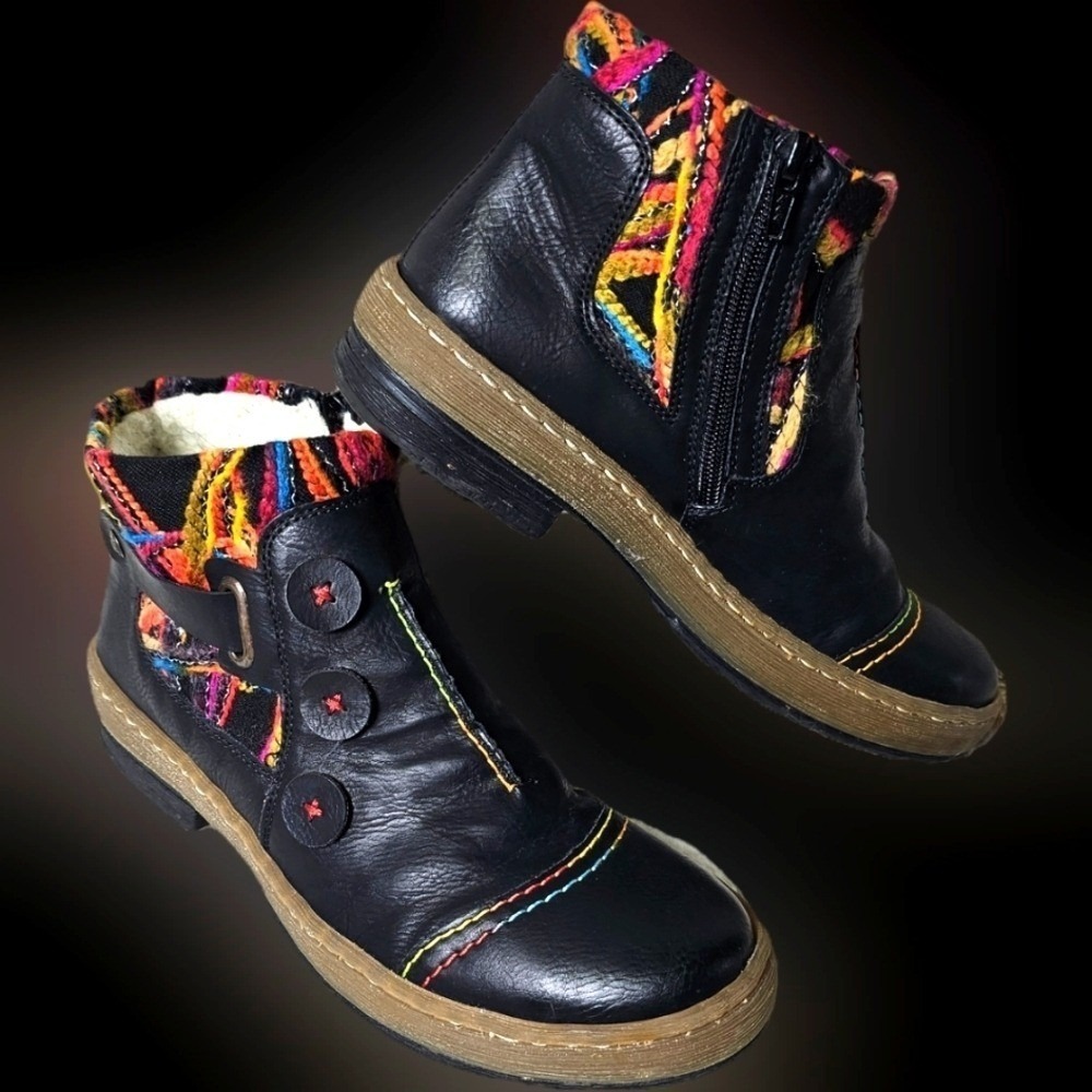 Rieker Black Ankle Boots with Multicolor Accents - Picture 3 of 14